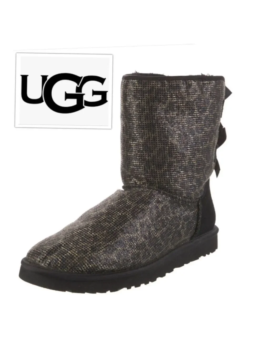 UGG Bailey Bow Leopard Gold Whimsygoth Sheepskin Winter Boots size 7 MSRP $210